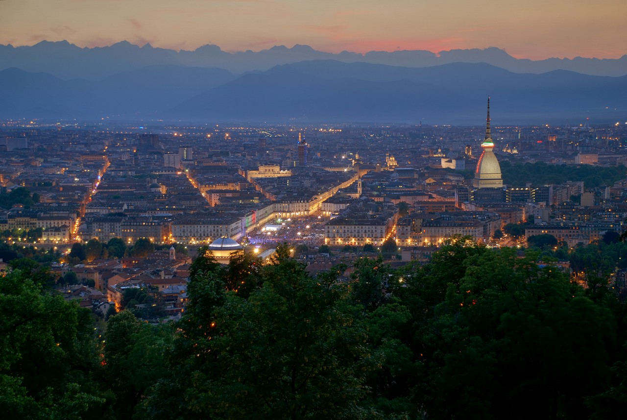 Sunset view of City Center and Mole Antonelliana - Turin